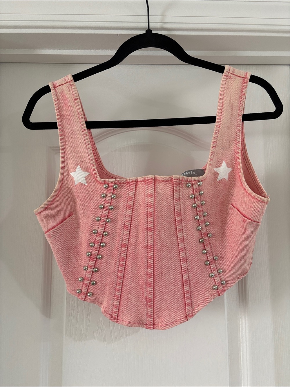 Pink Star-Accent Denim Corset Crop Top